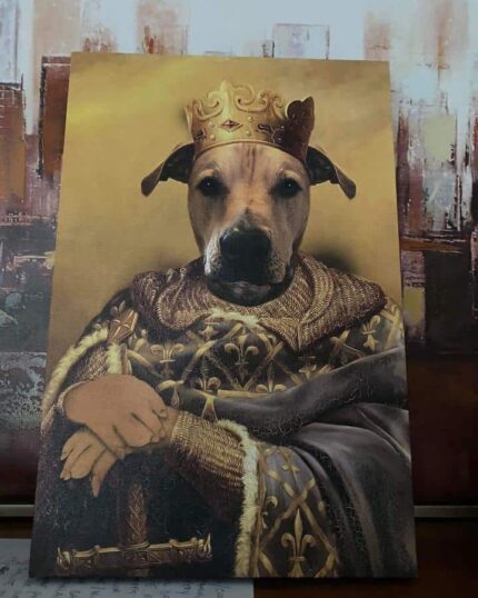 The King #1 - Custom Design Pet Canvas Painting features your pet as a regal dog with a golden crown and royal robes, posing with crossed front legs on a blurred background for extra charm.