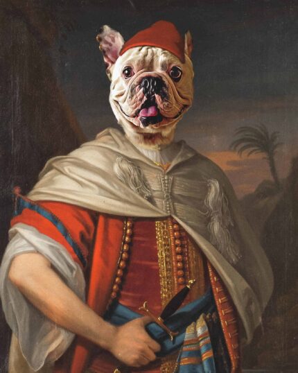 The Ottoman Pasha #2 - Custom Design Pet Canvas features a French Bulldog's head in a red hat on a classical-style body in ornate attire, blending history and whimsy for a unique custom portrait.