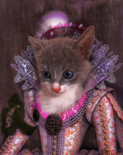 Transform your pet into royalty with "The Pink Noble Lady #11 - Custom Design Pet Canvas," featuring your furry friend’s head on an Elizabethan noble's jeweled pink and purple dress, set against a dark background.