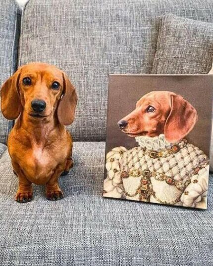 A brown dachshund sits on a gray couch beside The Queen #6 (with Color Option) - Custom Design Pet Canvas, displaying its portrait in ornate, historical-style royal attire.