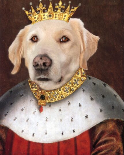 The King #2 - Custom Design Canvas Painting features a Labrador-like dog in royal attire with a crown and jeweled collar on a dark background—ideal for creating regal, custom pet portrait canvases.