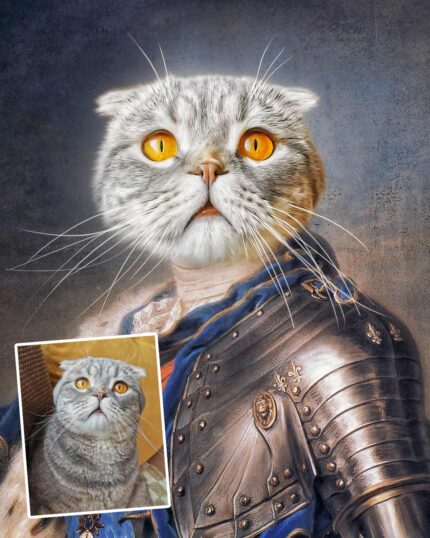 A unique custom design: "The Knight #2 - Custom Pet Canvas" features your cat in medieval armor with bright yellow eyes, styled as a historical portrait, plus an inset photo of your real cat’s matching surprised expression.