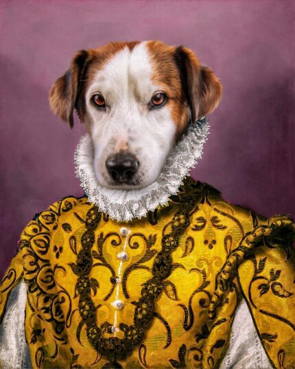 A brown and white dog dressed in ornate royal attire poses against a purple background, featured in "The Noble Lady #14 - Custom Design Canvas Painting," perfect for a personalized pet portrait.