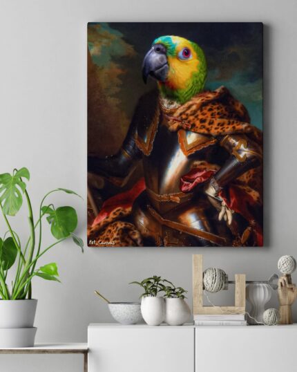 A living room features potted plants on a white table and a wall decorated with The Knight #7 - Custom Pet Canvas, showing a parrot dressed in medieval armor and a leopard-print cloak.