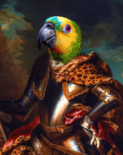The Knight #7 - Custom Pet Canvas features a regal parrot in ornate medieval armor and a leopard-print cape, heroically posed against a dramatic painted backdrop—a bold custom art piece to showcase your feathered friend.