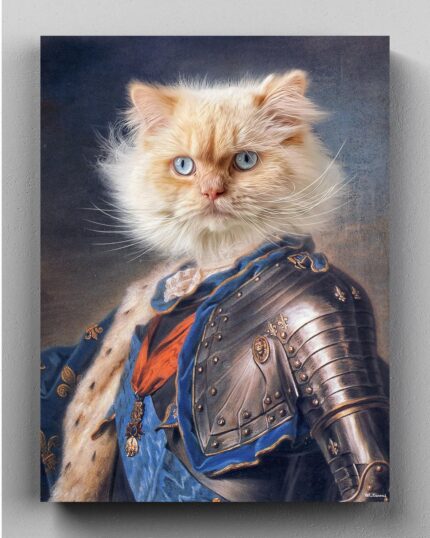 The Knight #2 - Custom Pet Canvas features a regal, light-colored cat in royal armor with a blue sash and blue eyes, styled as an 18th-century noble—ideal for elegant canvas printing or unique custom pet designs.