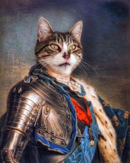 The Knight #2 - Custom Pet Canvas features a regal tabby cat with green eyes in ornate medieval armor and a blue-and-gold royal cloak, posed like a royal portrait—ideal for custom pet canvas or unique pet canvas printing.