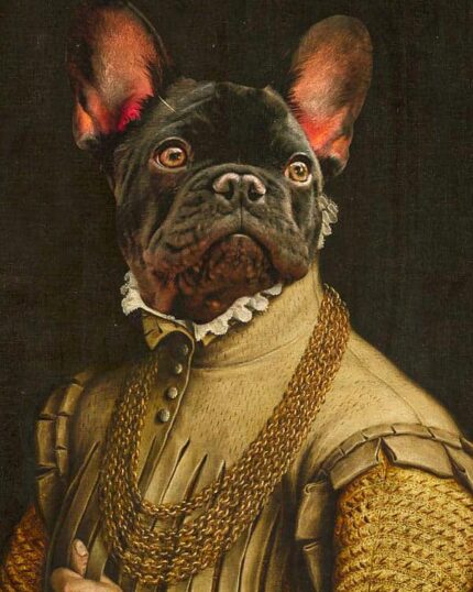 The Noble Gentleman #9 - Custom Design Pet Canvas features a French bulldog’s head on a Renaissance noble’s body with a gold chain and ruffled collar, set against a dark backdrop—a bold example of artistic pet canvas printing.