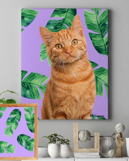The Pop Art – Leaves custom pet canvas showcases an orange tabby cat with green eyes on a lavender background with tropical leaves. Below, decorative items and plants, plus a matching leaf print, create a stylish coordinated display.