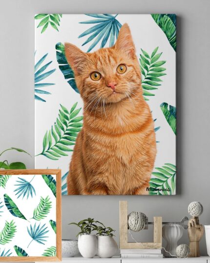The Pop Art – Leaves canvas, featuring an orange tabby cat amid green leaves, hangs on a gray wall above a shelf with houseplants, decor accents, and a framed botanical print.