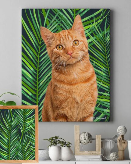 A Pop Art – Leaves framed custom pet canvas of an orange tabby cat with green palm leaves hangs above a shelf decorated with plants, décor, and a picture frame displaying a matching leaf pattern.