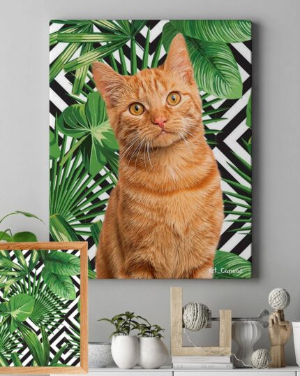 The "Pop Art – Leaves" canvas features an orange tabby cat with green eyes set against lush tropical leaves and a black-and-white geometric pattern, making it a unique decorative display for any space.