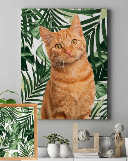 A wall features the "Pop Art – Leaves" custom canvas with an orange tabby cat portrait on a leafy green background. Below, a shelf displays white plant pots, decorative items, and a framed leaf print beside a small sculpture.