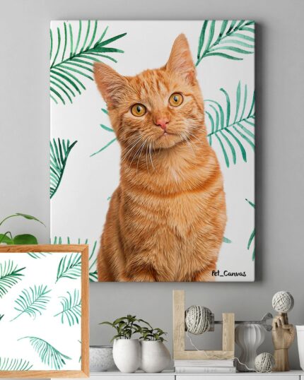 A Pop Art – Leaves pet canvas featuring an orange tabby cat and green leaves hangs on a gray wall above a shelf with plants, books, decorative objects, and another framed leaf print.