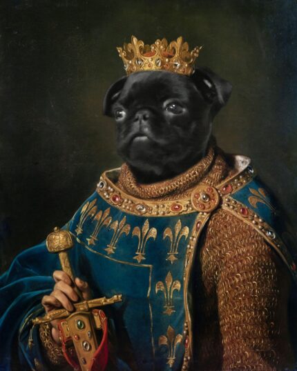 A pug’s head is edited onto a regal figure in medieval royal attire for "The King #6 - Custom Design Canvas Painting," featuring a jeweled crown, blue cloak with gold fleur-de-lis, and sword against a dark background.