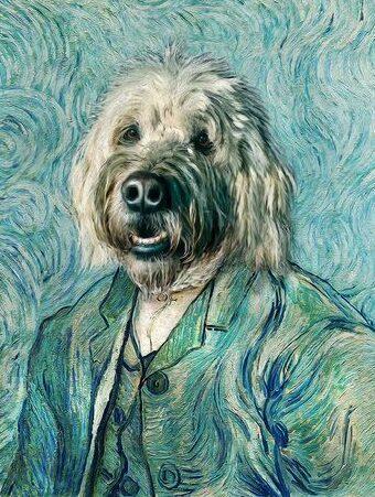 Van Gogh tarzında klasik bir portre gibi poz veren, mavi bir arka plan üzerinde duran tüylü bir köpek, Özel Tasarım Tuval Tablo – Yaşayan İnsanlar #6 – Van Gogh'da yer alıyor. Bu tablo, benzersiz bir evcil hayvan sanatı için mükemmel bir seçimdir.
