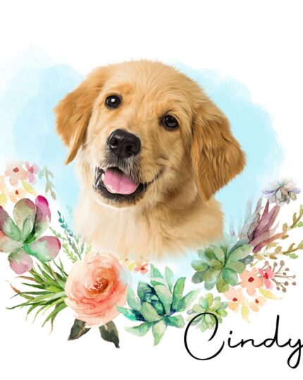 A digital illustration of a happy golden retriever puppy surrounded by watercolor flowers and greenery, with the name Cindy in elegant script at the bottom right—perfect as a custom design pet canvas.