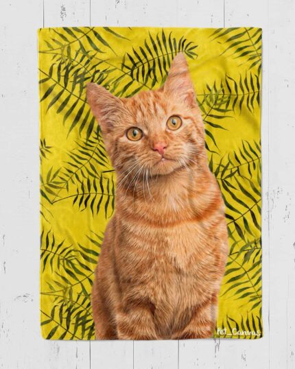 A portrait of an orange tabby cat with yellow eyes sits before a yellow background with black fern leaf patterns, featured on our Custom Design Pop-Art Blanket – Leaf #12, perfect for cozy pet lovers.