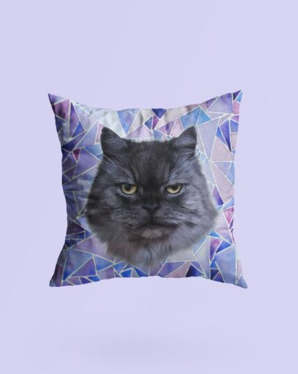 The Personalized Pop Art Pillow – Donut features a bold geometric design in purple and blue with a realistic, grumpy gray cat face at the center on a light purple background—ideal for fans of custom pet art decor.
