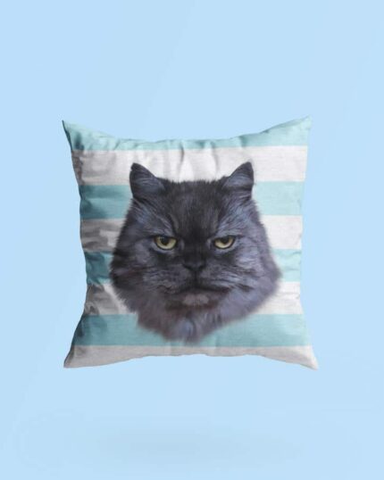 Personalized Pop Art Pillow – Donut: Square cushion with light blue and white stripes, featuring a bold pop art donut design on a plain light blue background—an eye-catching custom accent for any space.