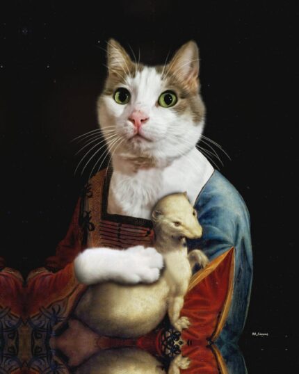 The lady with an Ermine #3 - Custom Pet Canvas Painting features your pet as a Renaissance figure holding an ermine, inspired by da Vinci’s classic—an ideal custom artwork for art-loving pet owners.