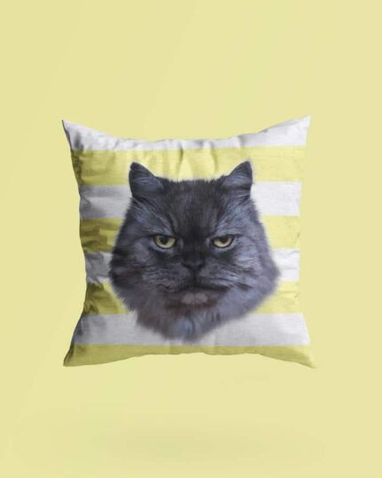 The Personalized Pop Art Pillow – Donut showcases a square design with white and light yellow stripes, featuring a realistic gray cat’s face at the center, made using high-quality pet canvas printing for a custom look.