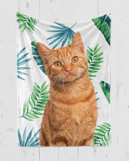 A realistic illustration of an orange tabby cat sits in front of a white background decorated with green palm leaves. This custom design pet canvas captures the cat's alert and curious expression, with its head slightly tilted.