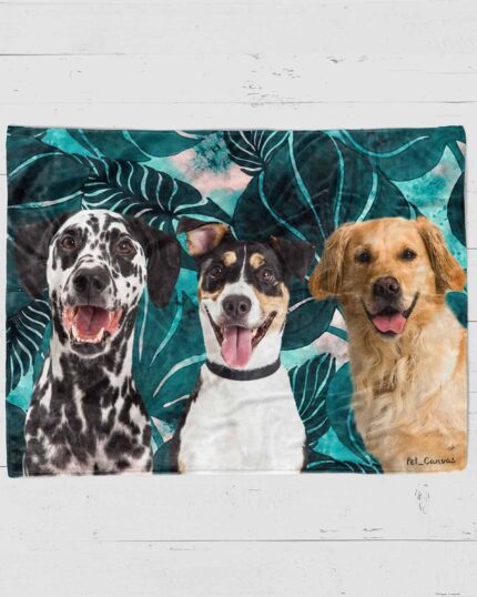 Three cheerful dogs—a Dalmatian, a black-and-white terrier, and a golden retriever—sit together before lush greenery, featured on the Custom Design Pop-Art Blanket – Leaf #8 for a unique personalized pet blanket.