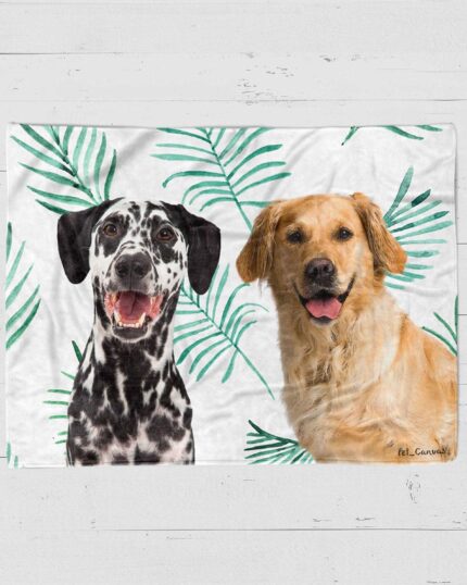 The Custom Design Pop-Art Blanket – Leaf #7 showcases cheerful Dalmatian and Golden Retriever illustrations on a white background with green palm leaf patterns—ideal inspiration for your next custom pet canvas.