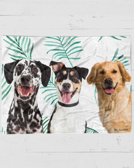 Three dogs—a Dalmatian, a black-and-white mix, and a golden retriever—sit before a leafy white background, perfect for your Custom Design Pop-Art Blanket – Leaf #7 to add cheerful style to any space.