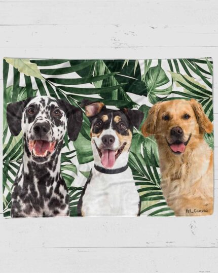 Three dogs—a Dalmatian, a black-and-white terrier mix, and a golden retriever—sit before leafy greenery, all smiling. Ideal for the Custom Design Pop-Art Blanket – Leaf #5.