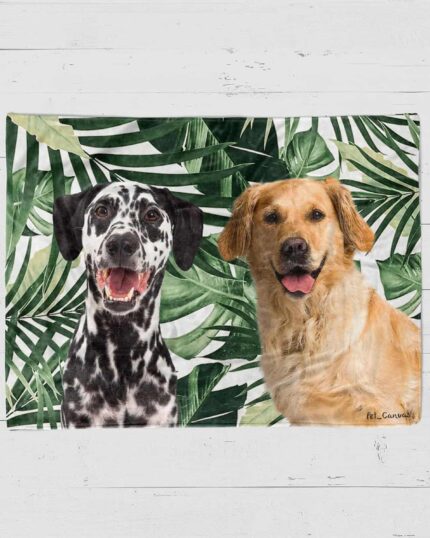 The Custom Design Pop-Art Blanket – Leaf #5 features a pop-art illustration of a Dalmatian and a Golden Retriever sitting side by side, both smiling, against a lush leafy green tropical background.