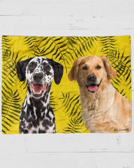 The Custom Design Pop-Art Blanket – Leaf #12 features a happy Dalmatian and Golden Retriever on a yellow background with black fern leaf patterns, making it a lively and charming decor piece.