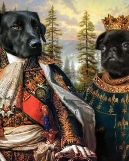 Two black-furred dogs are dressed in regal, ornate costumes with medals and a gold crown, posed before a forest and mountain backdrop—customized as the "Multiple Portraits #2 King vs. King" pet canvas for unique home decor.