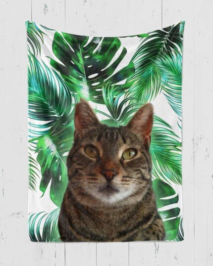 The Custom Design Pop-Art Blanket – Leaf #3 showcases a lifelike tabby cat’s face with green tropical leaves—ideal for fans of custom pet canvas art.