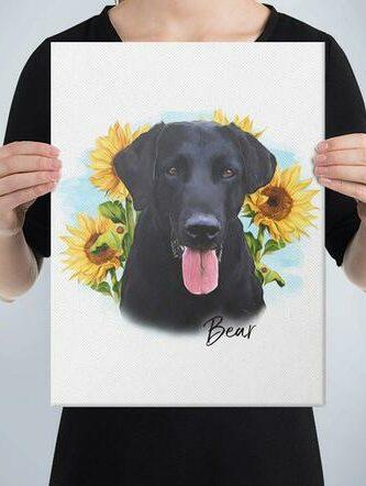 Someone holds a Special Design Canvas Painting – Flower Wreath #1 – Sunflower, showing a black dog with its tongue out among sunflowers, with "Bear" written at the bottom.