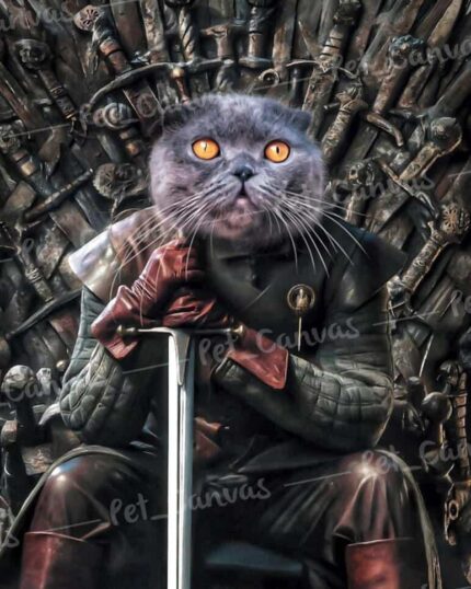 A cat with striking orange eyes is edited onto Ned Stark’s body in medieval armor, seated on a sword throne inspired by Game of Thrones—perfect as a Custom Designed Canvas Painting: Game of Thrones #4 – Ned Stark, for a unique pet canvas gift.
