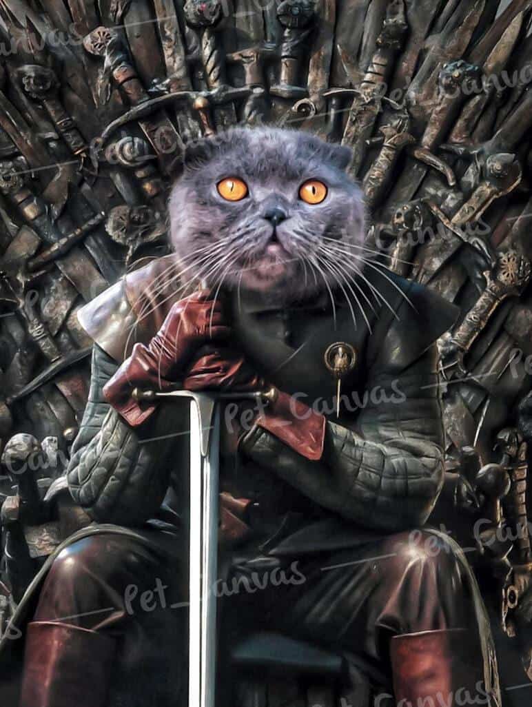 A Cat With Striking Orange Eyes Is Edited Onto Ned Stark’s Body In Medieval Armor, Seated On A Sword Throne Inspired By Game Of Thrones—Perfect As A Custom Designed Canvas Painting: Game Of Thrones #4 – Ned Stark, For A Unique Pet Canvas Gift. A cat with striking orange eyes is edited onto Ned Stark’s body in medieval armor, seated on a sword throne inspired by Game of Thrones—perfect as a Custom Designed Canvas Painting: Game of Thrones #4 – Ned Stark, for a unique pet canvas gift.
