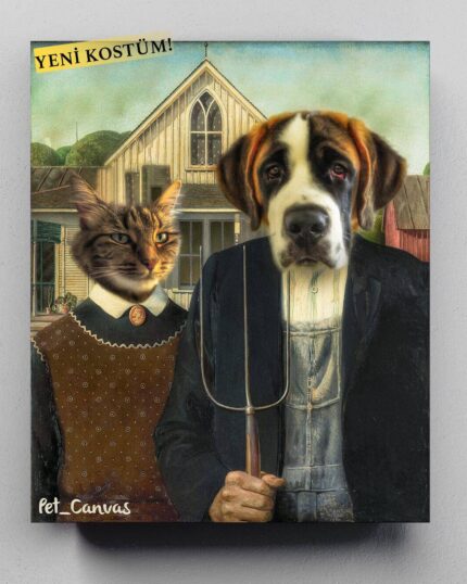 The American Buddies - Custom Design Pet Canvas parodies American Gothic, featuring your pets as a cat and dog in period costumes before a farmhouse. A yellow label at the top reads YENİ KOSTÜM!.