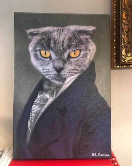The Noble Gentleman #8 - Custom Design Pet Canvas features a gray cat with yellow eyes in historical formal attire, presented portrait-style on a neutral background—ideal for personalized pet canvas printing.