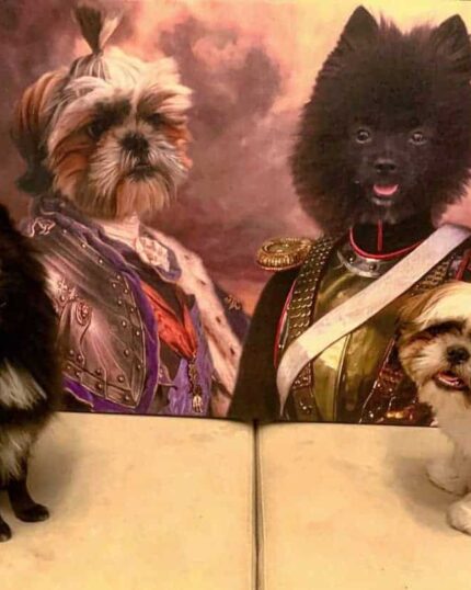 Two dogs sit on a beige couch next to the "Multiple Portraits #3 Knight and General" pet canvas, which shows them in historical, royal attire. The canvas between them perfectly captures their unique appearance and personalities.