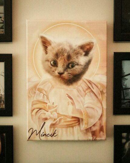 The Special Design Canvas Painting – Angel #1 features a kitten’s head on a saintly robed body with a golden halo and “Minck” in cursive at the bottom left, blending religious iconography with playful pet portraiture.