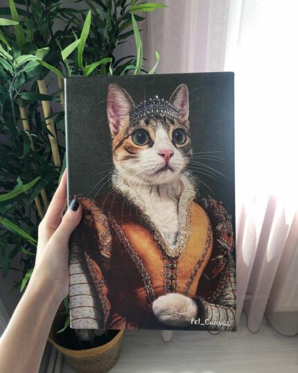A person holds "The Noble Lady #8 - Custom Design Pet Canvas," depicting a cat in Renaissance royal attire and jeweled crown, with green plants and sheer curtains in the background, highlighting its unique charm.