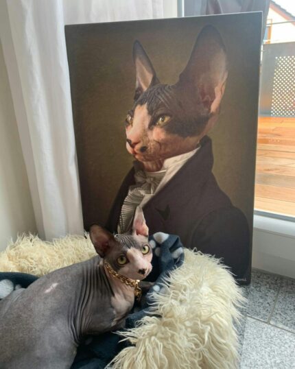 A hairless Sphynx cat with a gold collar lounges on a blanket near a window, in front of "The Noble Gentleman #8 - Custom Design Pet Canvas," which features the same cat dressed in elegant historical clothing.