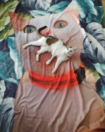 A white and brown cat lies on the Custom Design Pop-Art Blanket – Leaf #1, which shows a large cat face, creating the illusion that the real cat is emerging from the print. The blanket features green and blue leafy patterns for a playful effect.