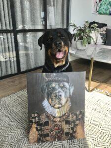 A joyful Rottweiler sits indoors behind "The Yellow Queen #7 - Custom Design Pet Canvas," featuring the dog in ornate royal attire, surrounded by plants and art in a modern living room, mouth open and tongue out.