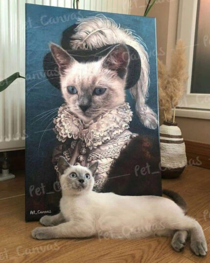 A light-colored cat with blue eyes lies on a wooden floor in front of The Rich Merchant #3 - Custom Pet Canvas Painting, which shows the cat in elaborate historical attire. The painting leans against the wall in a cozy room.