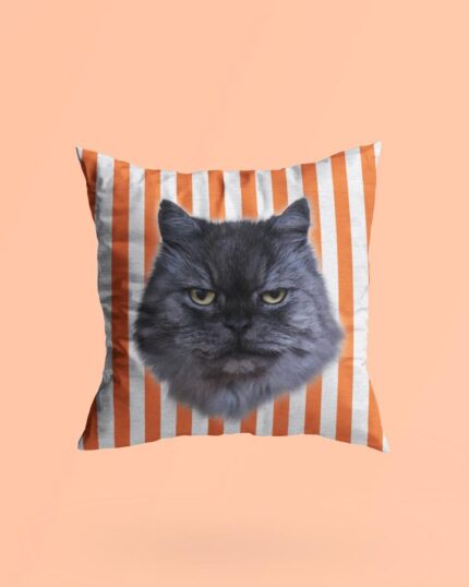 Kişiselleştirilmiş Pop Art Yastık – Donut, düz şeftali rengi bir arka plana karşı, dikey turuncu ve beyaz çizgilerle süslenmiş kare bir şekle ve ön yüzünde büyük, gerçekçi bir gri kedi yüzü baskısına sahiptir.