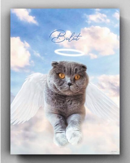 A digital illustration of a gray cat with orange eyes, angel wings, and a halo floats in a blue sky with pink clouds. "Bulut" is written above—The Angel #2 - Custom Design Pet Canvas for unique pet-inspired wall decor.