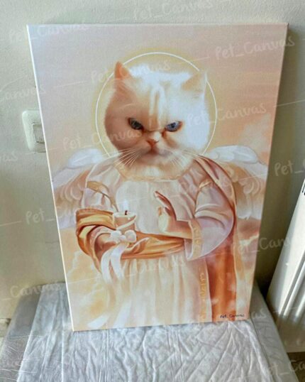 The Special Design Canvas Painting – Angel #1 features a white cat with a serious look, depicted as an angel with halo, wings, and a candle on a soft peach background. This unique pet canvas has custom design details and fits beautifully indoors.